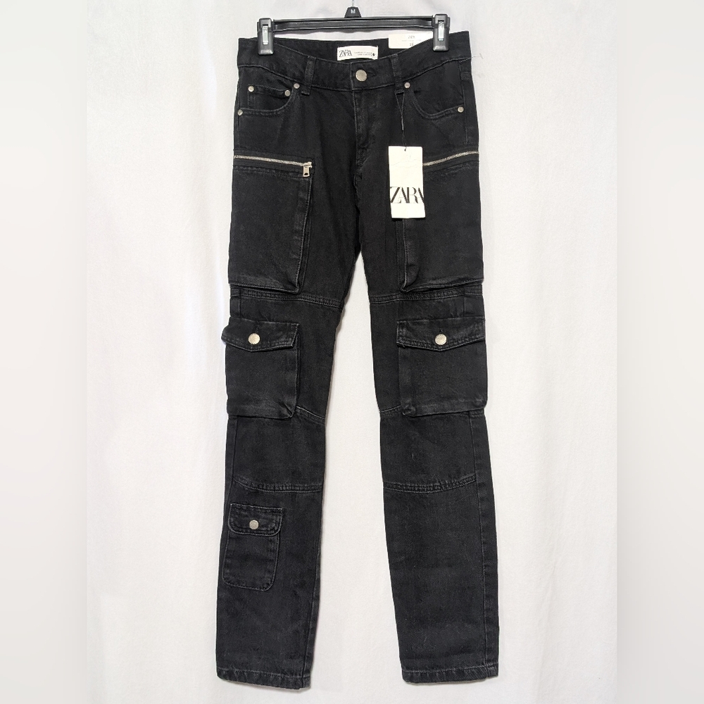 🪻 Zara ZW Collection Women Mid Rise Slim Cargo Black Jeans Size 0 100% Cotton